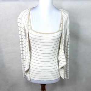 Belldini Womens White Gold Metallic Striped Ribbed Knit Tank and Cardigan Set S